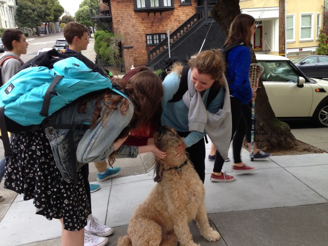 Here I'm meeting with several University High students before class, helping them to a pleasant mood, for sure.